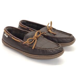 LL Bean Mens Double Sole Slippers 10M Brown Leather Flannel Moccasins Loafers